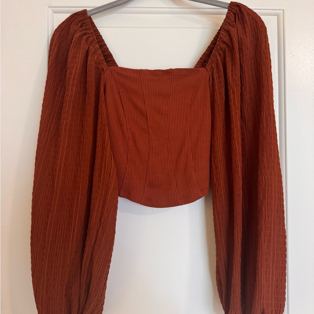 Urban Outfitters Rust Square-Neck Balloon Sleeve Top